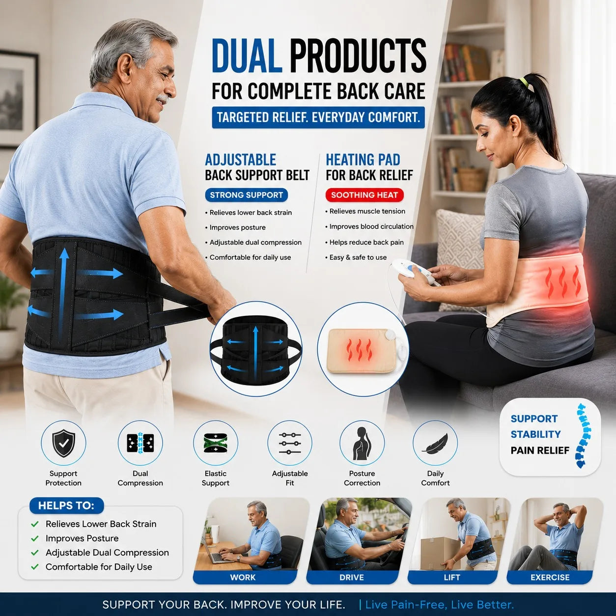 Complete Back Care with Lumbar Heating Pad JSB H10 with Lumbar Support Belt combo JSB BS55