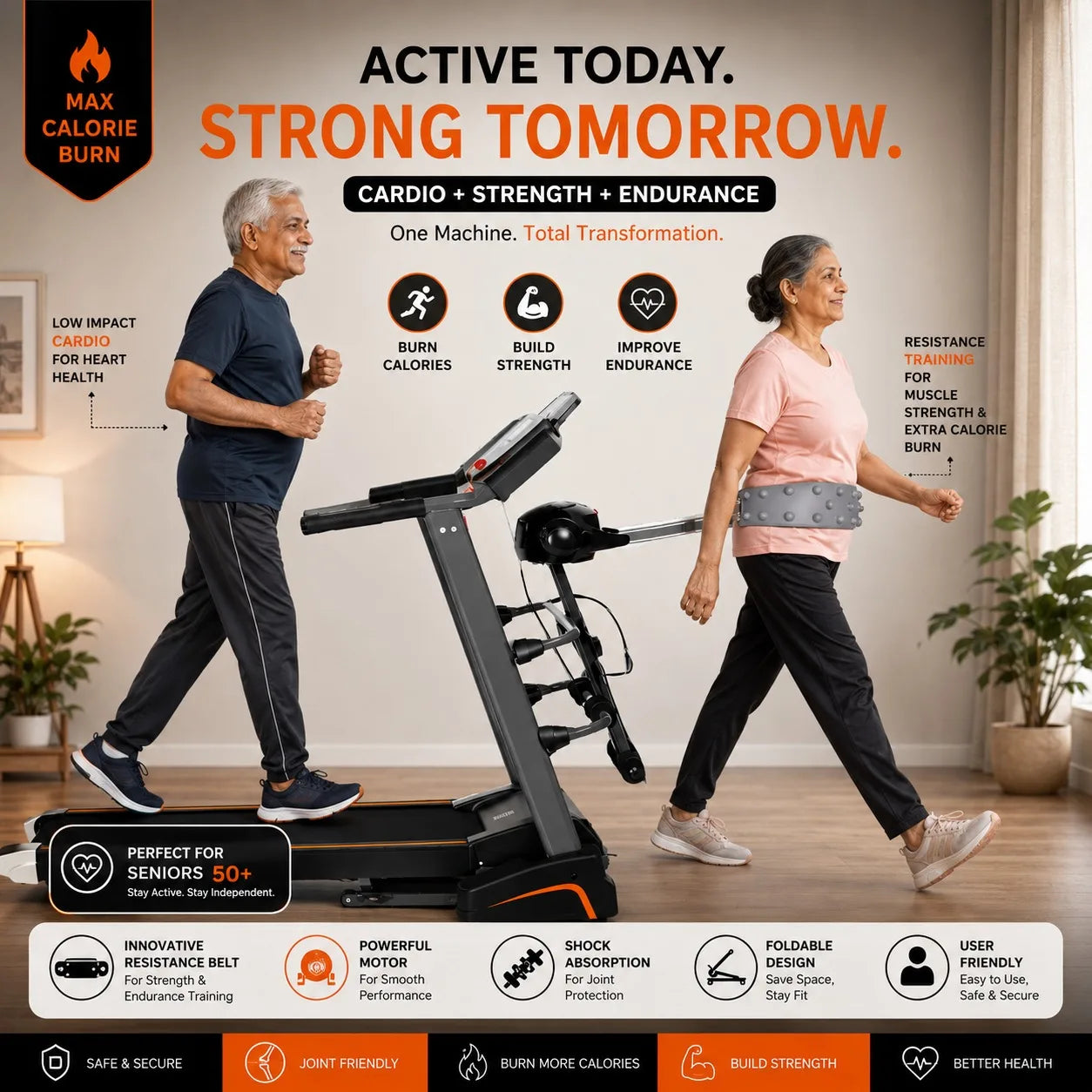 Electric Treadmill with Slimming Belt Motorized Fitness Treadmill for Elderly