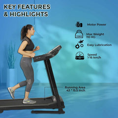 Motorized Fitness Treadmill for Weight Loss | Running Area : 43" X 15.5" | Manual Incline | Max User Weight 110 KG | 2.5 HP Peak Foldable Space Saving JSB HF38