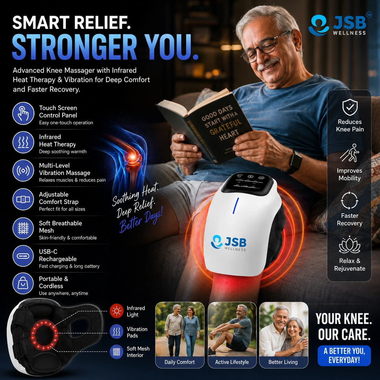 Knee Massager Machine Wireless Joint Pain Relief Device for Knee, Shoulder, Elbow & Ankle With Vibration, Magnetic & Heat