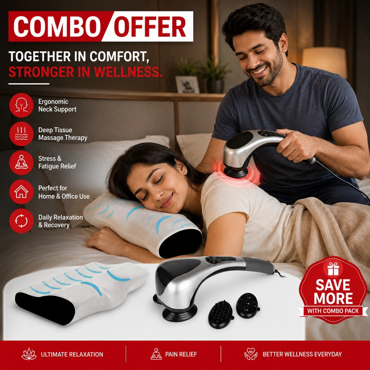 Neck Pain Relief Products Combo Cervical Pillow & Handheld Massager
