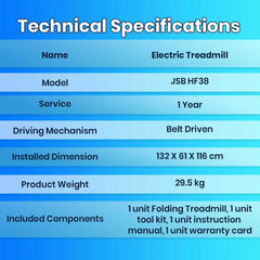 Motorized Fitness Treadmill for Weight Loss | Running Area : 43" X 15.5" | Manual Incline | Max User Weight 110 KG | 2.5 HP Peak Foldable Space Saving JSB HF38