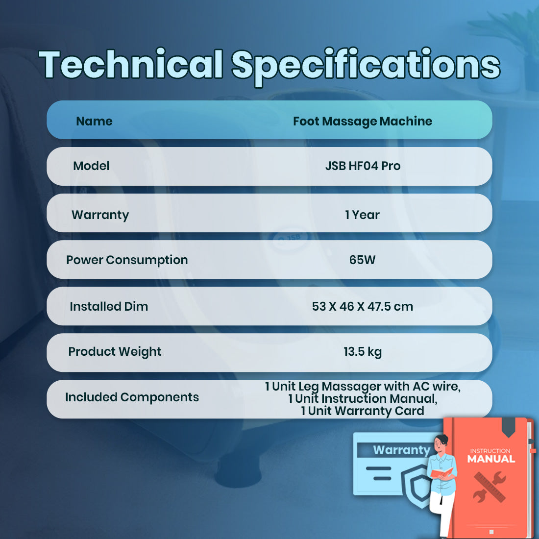 Technical Specifications of Calf Massager Machine JSB HF04 Pro