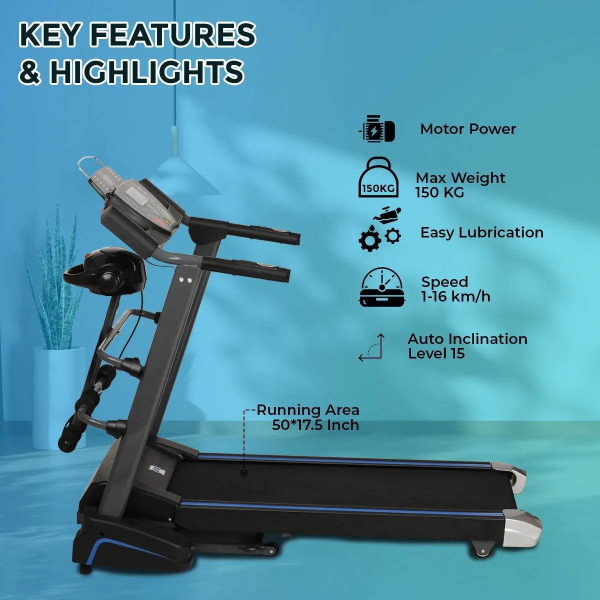 Electric Treadmill with Slimming Belt Motorized Fitness Treadmill for Weight Loss | Running Area : 50" X 17.5" | Max User Weight 150 KG | 3HP Peak Foldable JSB HF39