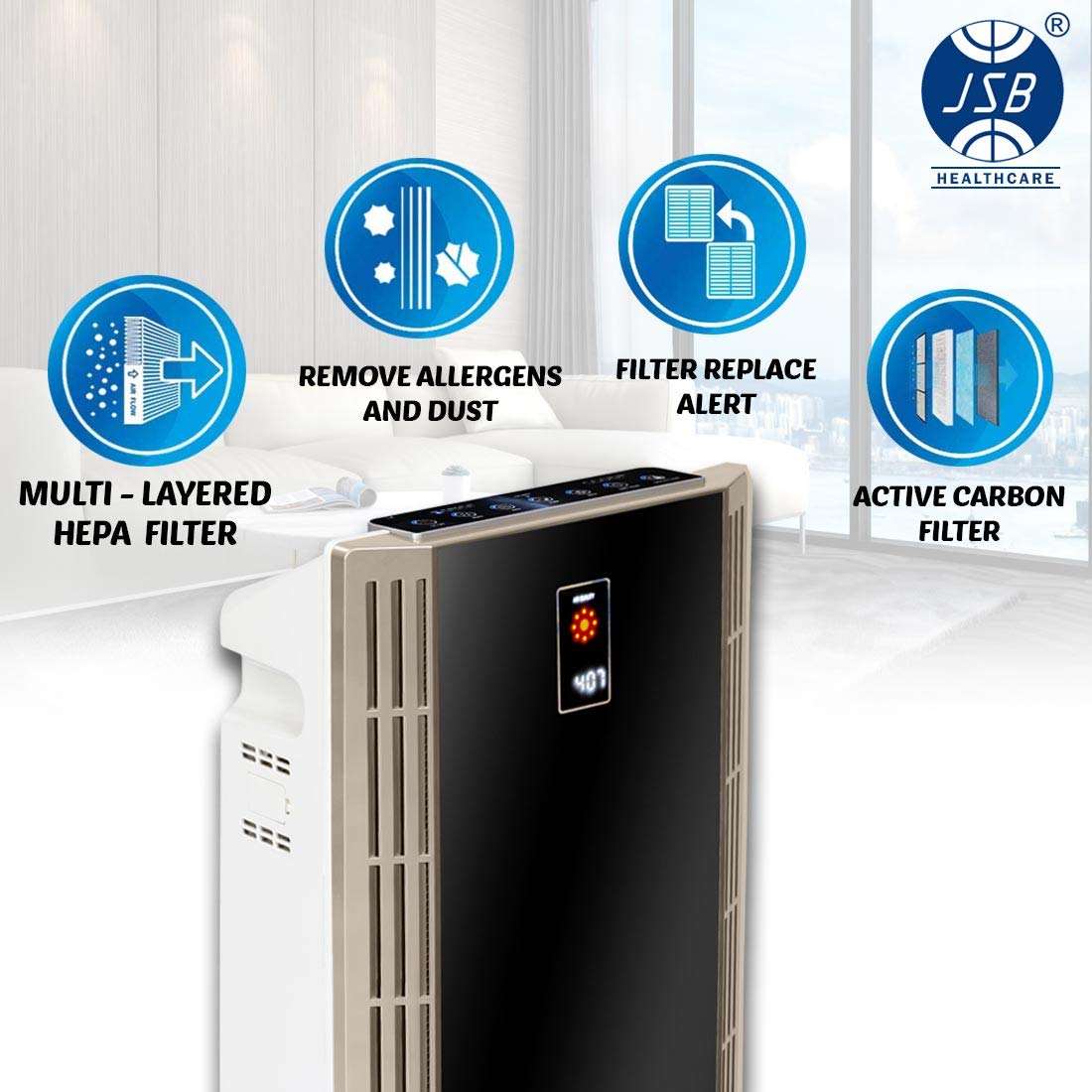 Air Purifier with AQI Display for Live Monitoring of Indoor Air JSB HF131 - JSB Healthcare 