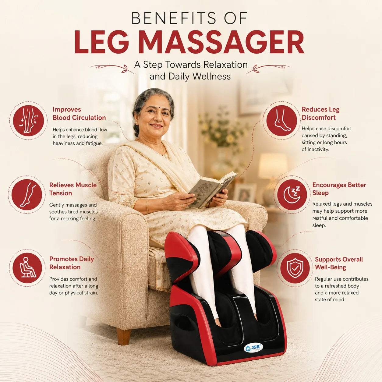 Benefits of Foot and Calf Massager Machine Shiatsu Leg Massager for Pain Relief in Calf Foot Knee Thighs with Heating Roller Airbag Massage JSB HF111