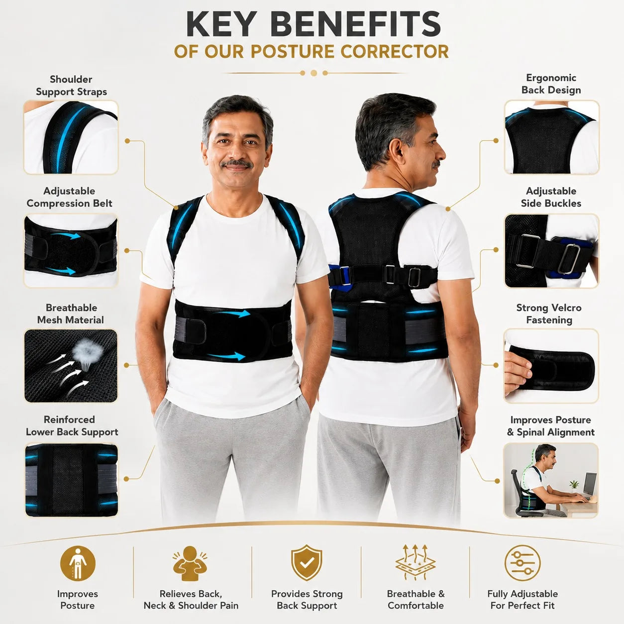 Benefits of Posture Corrector Belt for Men & Women Lightweight Daily Use Back Shoulder Support Brace JSB BS63
