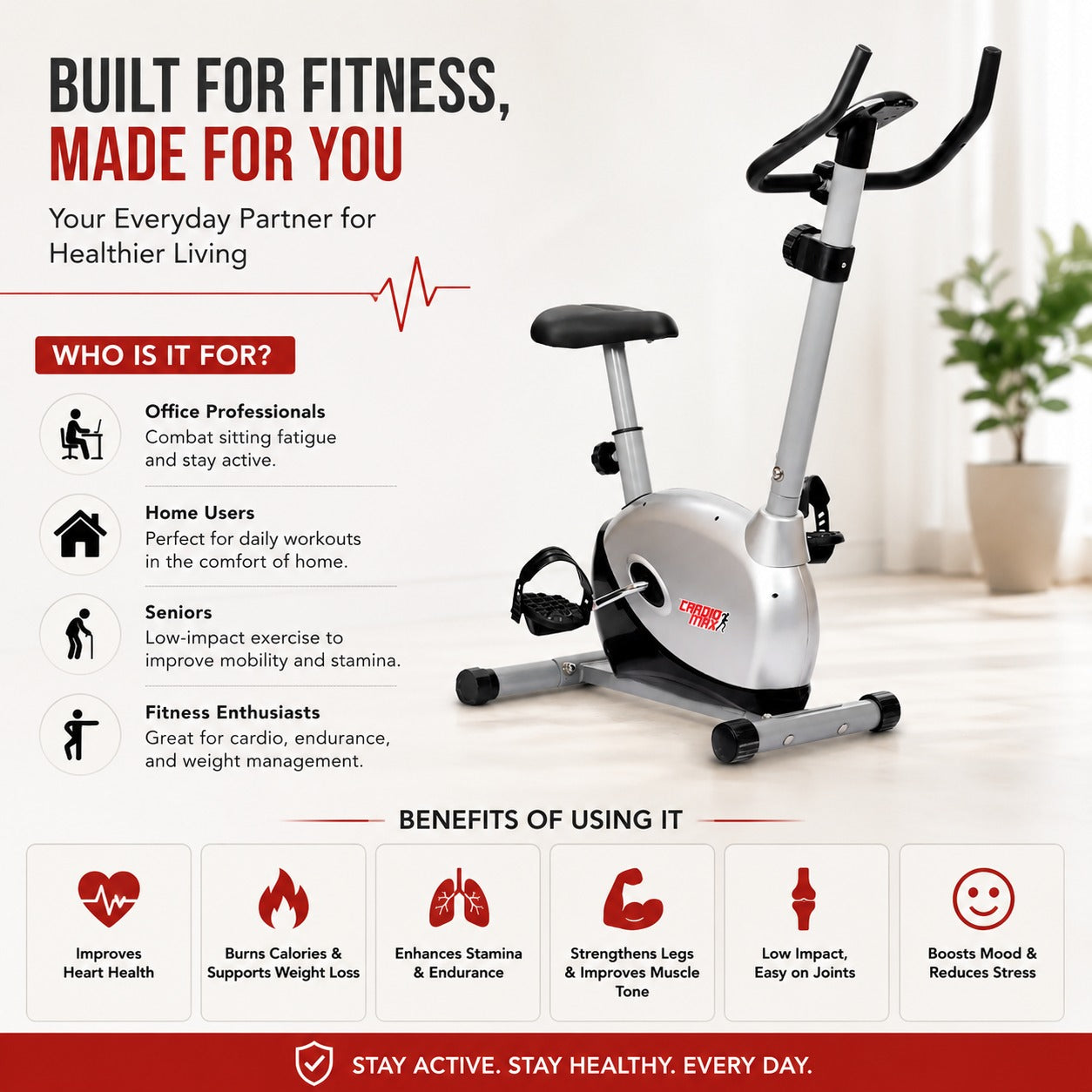 Built for Fitness Magnetic Exercise Cycle Upright Fitness Bike for Home Gym JSB HF73