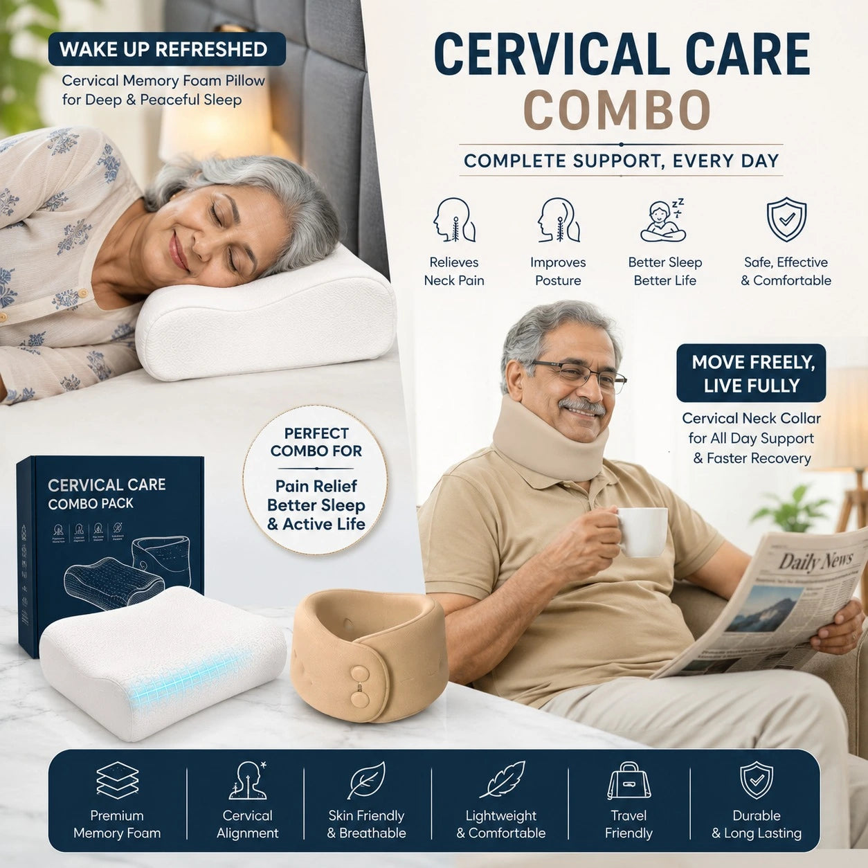 Cervical Pain Relief Products Combo Cervical Pillow with Cervical Collar