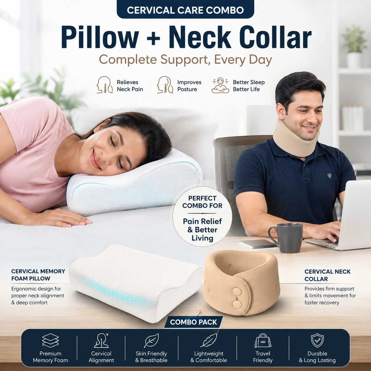 Cervical Pillow and Neck Collar Combo for Neck Pain Cervical Shoulder Pain Solution