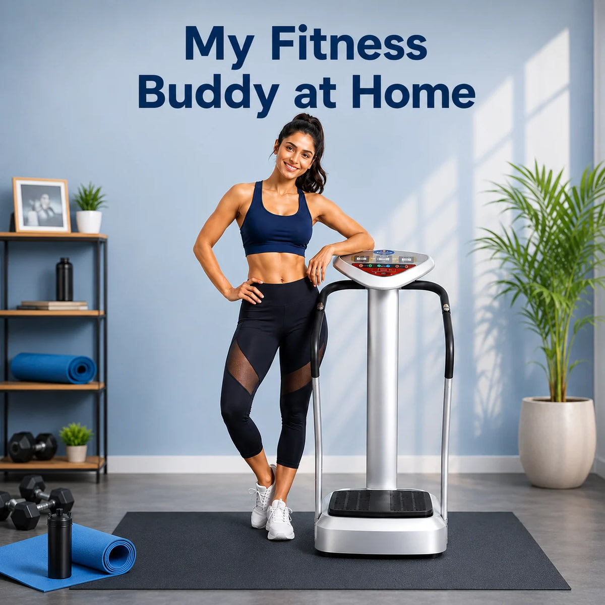 Woman with Crazy Fit Massager JSB HF14 full body vibration machine for home workout