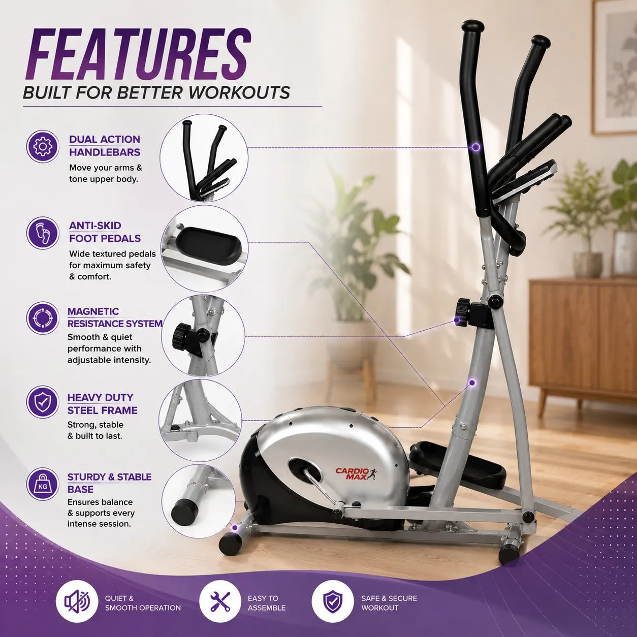 Dual Action Handles Home Workout with Cross Trainer Elliptical Bike Heavy Duty Orbitrac Air Fitness Cycle JSB HF151