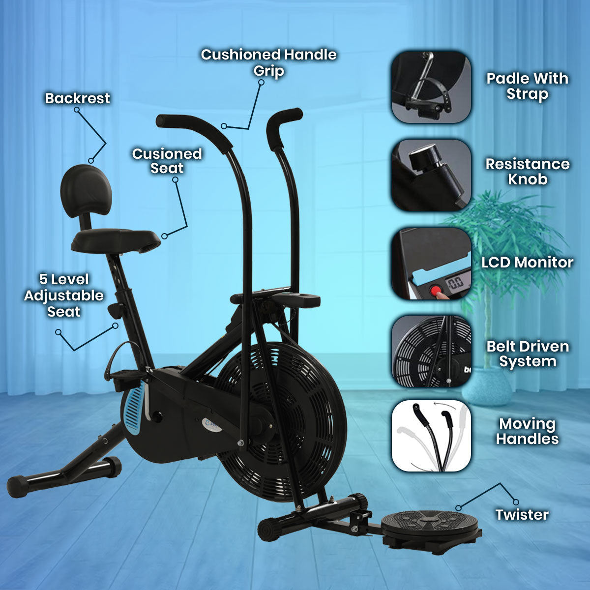 Weight Loss Exercise Cycle with Twister and Backrest Support Air bike for Home Gym for Full Body