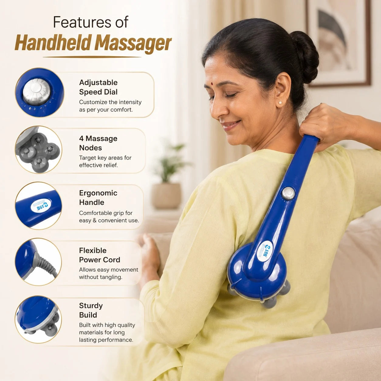 Features of Massage Vibration Machine Body Massager Handheld for Pain Relief in Neck Shoulder Back Thigh Calf & Foot JSB HF141
