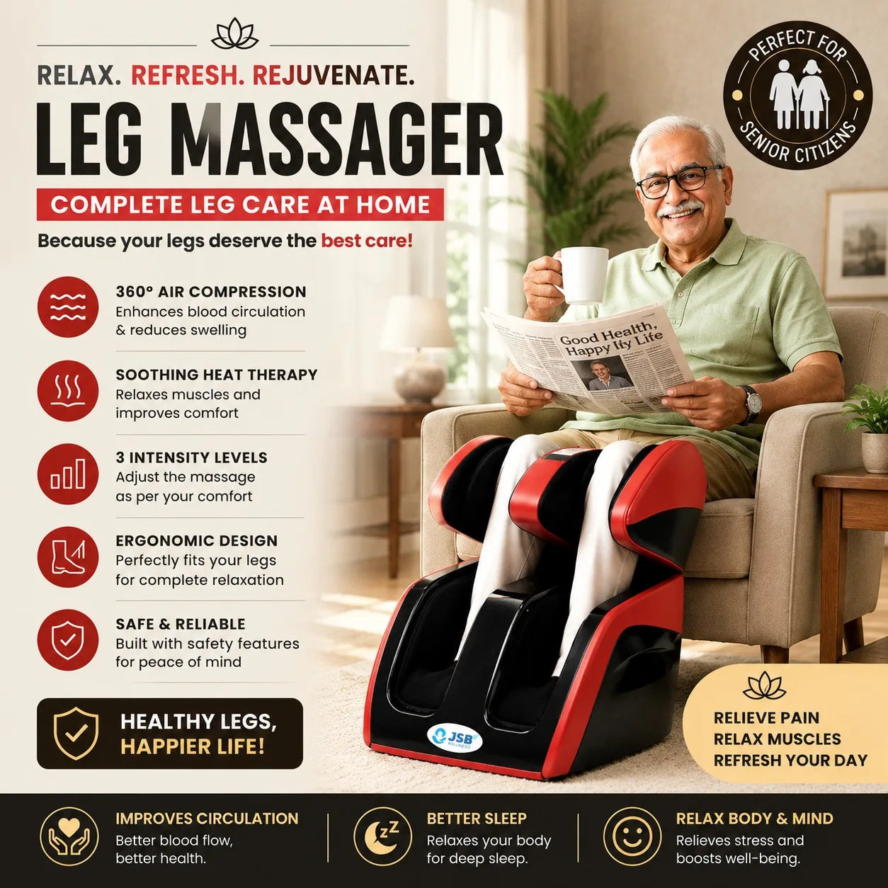Foot and Calf Massager Machine Shiatsu Leg Massager for Elderly JSB HF111