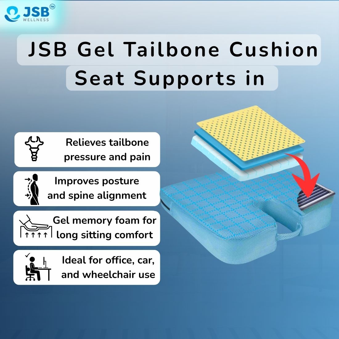 Gel Tailbone Cushion Seat Coccyx Cushion Support for Car Seat and Office Chair