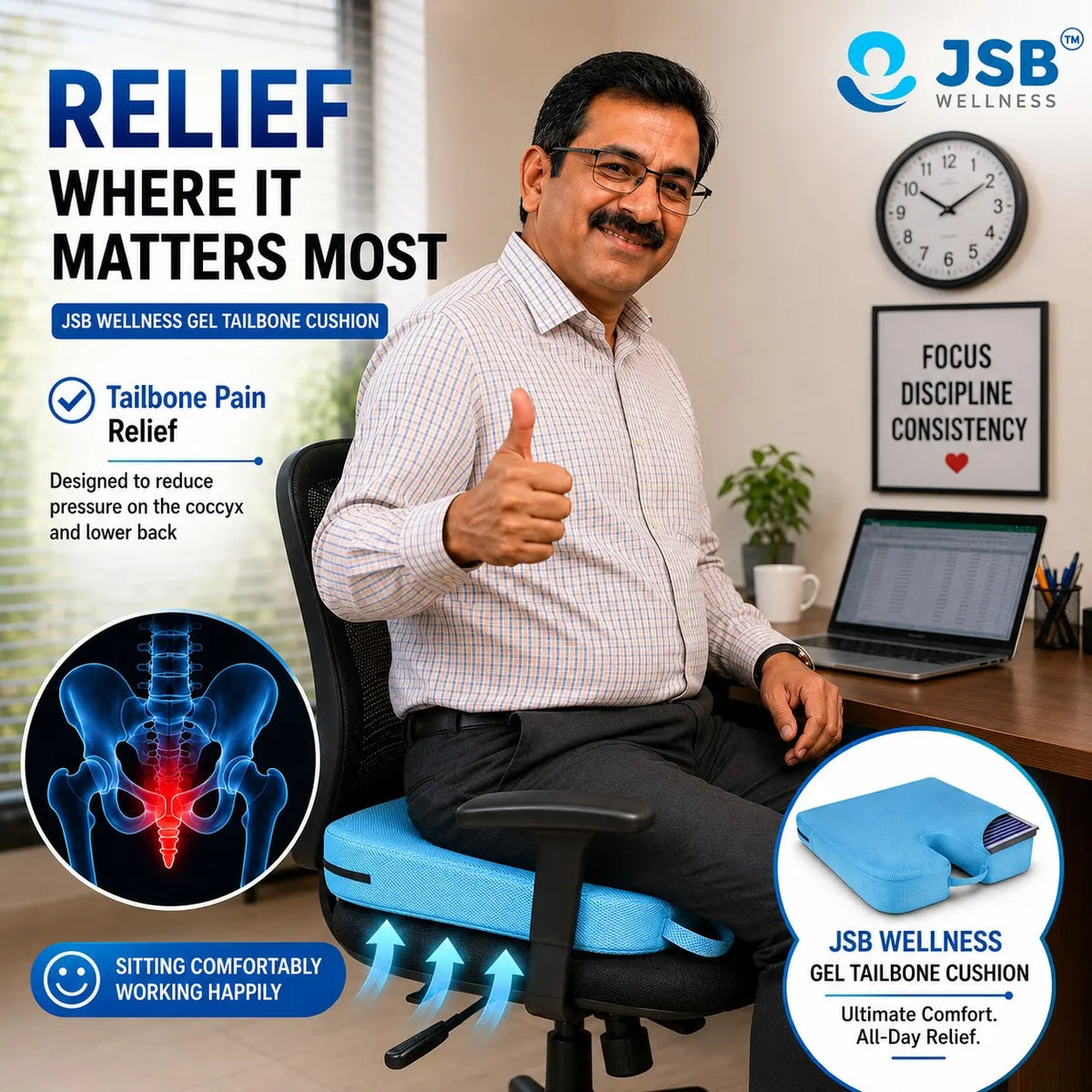 Gel Tailbone Cushion Seat Coccyx Cushion Support for Chair & Car Seat JSB BS20