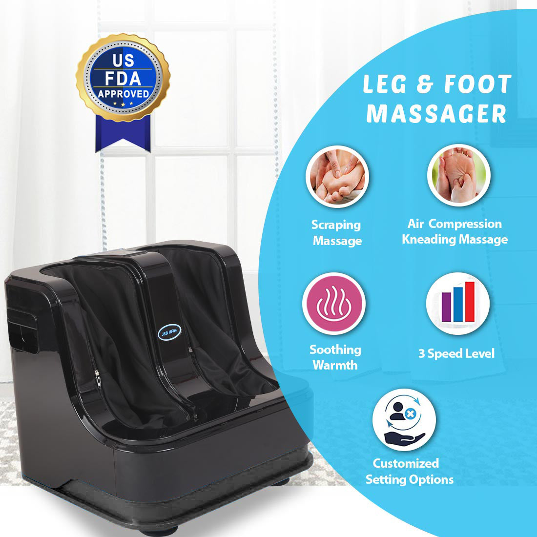 Leg Massage Machine for Foot, Ankle & Calf with Kneading, Soothing Warmth & Reflexology Rollers JSB HF04 Pro