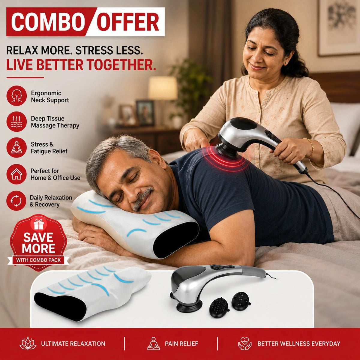 Neck Pain Relief Products Combo Cervical Pillow & Handheld Massager for Elderly Men Women