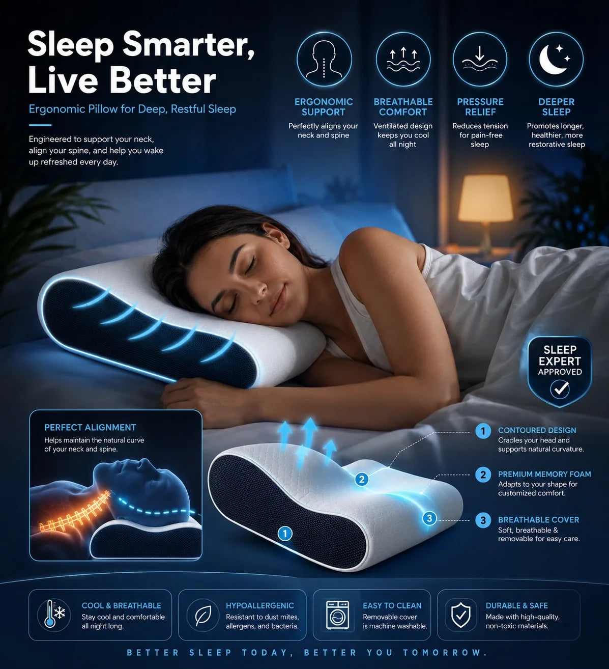 Sleep Better Cervical Pillow For Neck Pain Contoured with Memory Foam