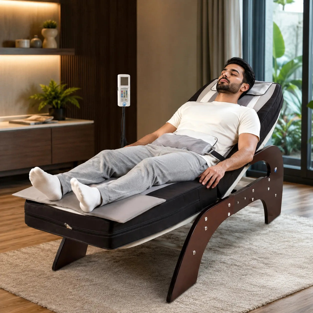 Man relaxing on JSB HF50 Pro thermal therapy jade massage bed at home