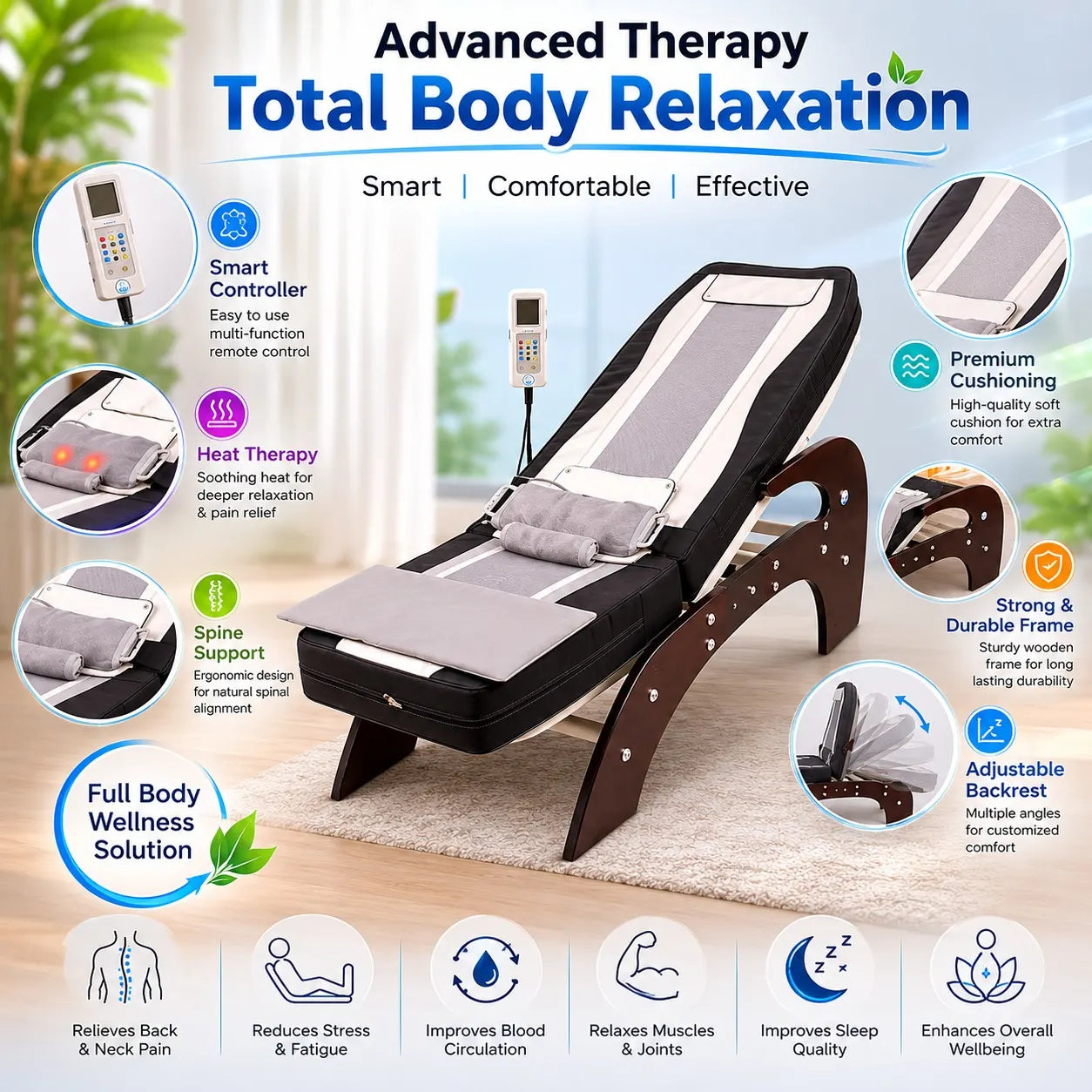 JSB HF50 Pro jade massage bed features heat therapy, spine support and adjustable recliner backrest