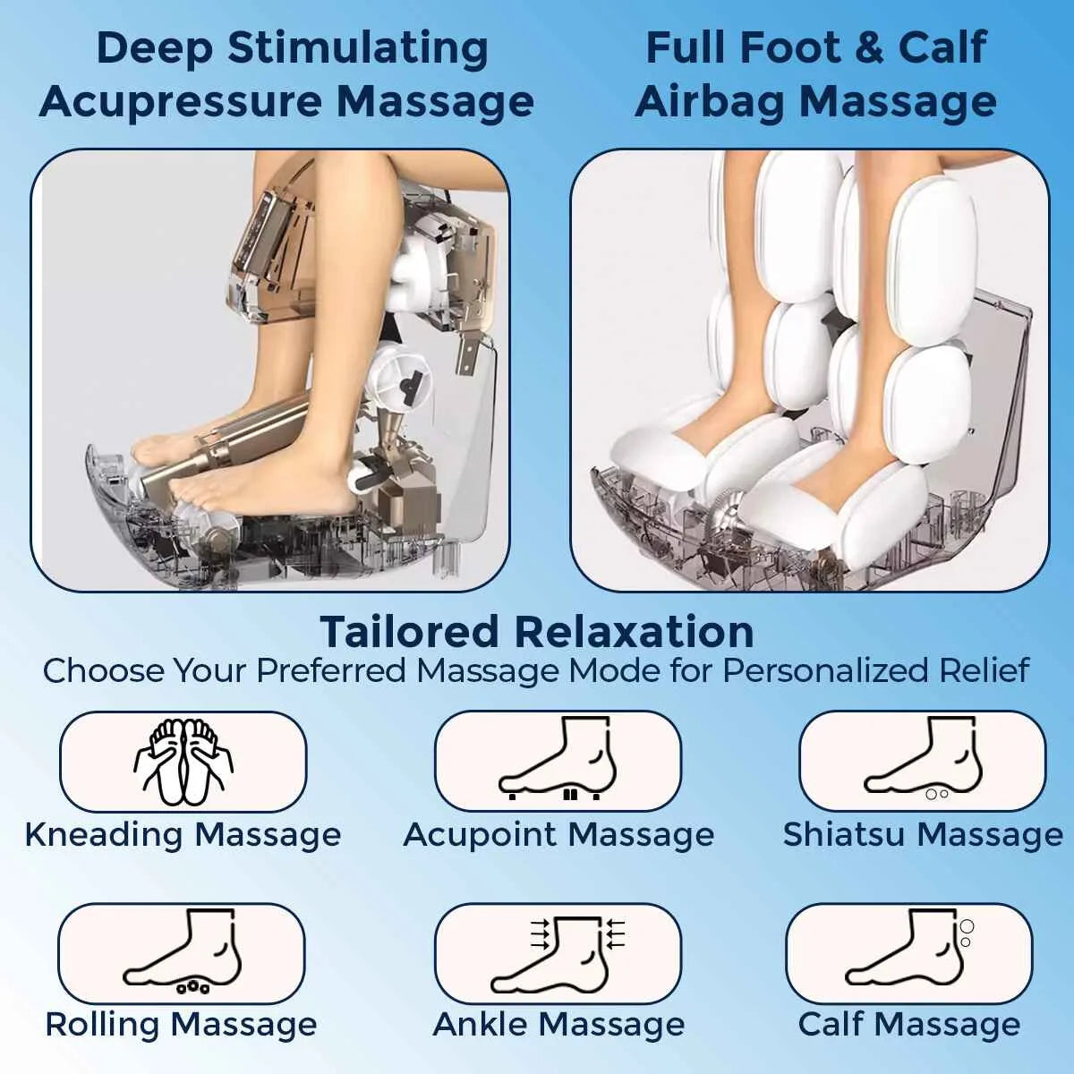Deep stimulating acupressure massage for full foot and calf with airbag massage